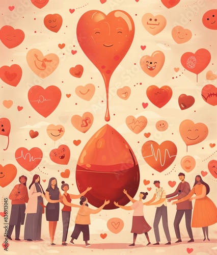 Illustration celebrating world blood donor day with a diverse group of people gathered around a heart shaped blood drop