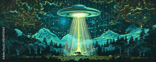 Energetic retro futuristic design commemorating world ufo day featuring a vintage flying saucer capturing a cow