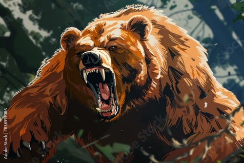 Powerful and menacing brown bear illustration showing the aggressive posture and fury of the wild carnivore in its natural forest habitat photo