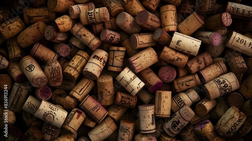 A pile of used wine corks were spread out, showing different styles and shapes of the corks against a dark background. The corks displayed the various techniques.