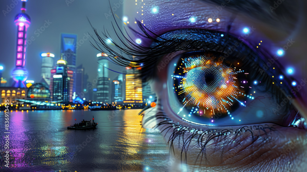 Close up on an eye, blinking away a tier, matted lashes, a futuristic cityscape outline in neon is reflected in her cornea. Generative AI. Close up on an eye, blinking away a tier, matted lashes, a futuristic cityscape outline in neon is reflected in her cornea. Generative AI.