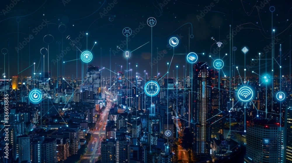 Night cityscape shows network connectivity with digital icons, reflecting a smart, advanced urban environment Night cityscape shows network connectivity with digital icons, reflecting a smart, advanced urban environment