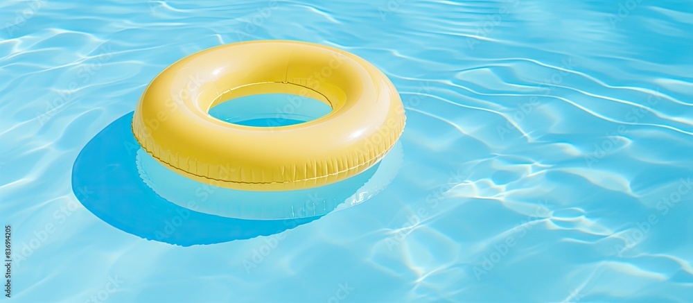 A yellow pool float ring drifting in a cool blue swimming pool with copy space image. A yellow pool float ring drifting in a cool blue swimming pool with copy space image.