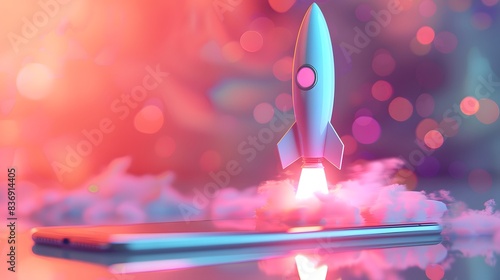 A rocket emerging from an iPhone, set against a gradient background with soft lighting and a pink color scheme. visually representing social media.
