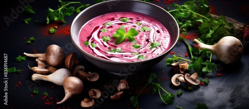 Creamy beetroot soup garnished with diced celery  red onion  and sliced champignon mushrooms in an enticing composition for a copy space image.