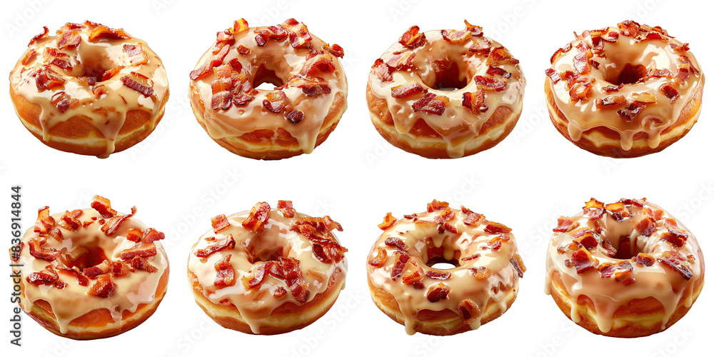 Set of Maple Glazed Donut With Bacon isolated on transparent png background collection set . Generative ai Set of Maple Glazed Donut With Bacon isolated on transparent png background collection set . Generative ai