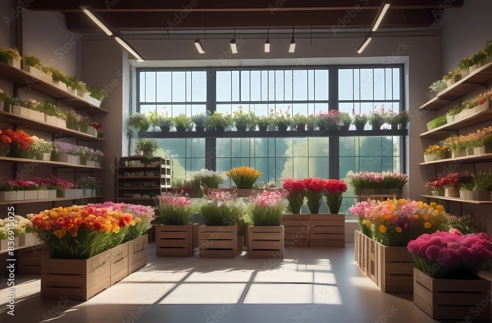 Obraz premium A flower store with many different flowers and greenery neatly arranged on shelves and in drawers lit by natural sunlight, different colors.
