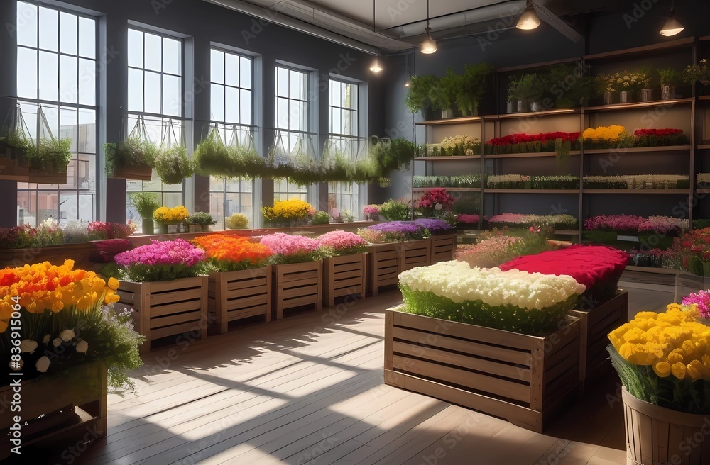 Obraz premium A flower store with many different flowers and greenery neatly arranged on shelves and in drawers lit by natural sunlight, different colors.
