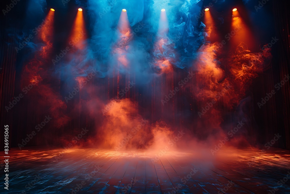 create a empty stage with lights reaching out to the audience. lots of smoke in the air