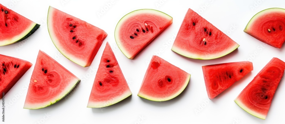 Ripe watermelon slices on a white backdrop in a top-down flat lay view, suitable for use as a banner with copy space image. Ripe watermelon slices on a white backdrop in a top-down flat lay view, suitable for use as a banner with copy space image.