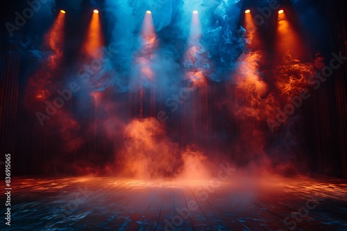 create a empty stage with lights reaching out to the audience. lots of smoke in the air