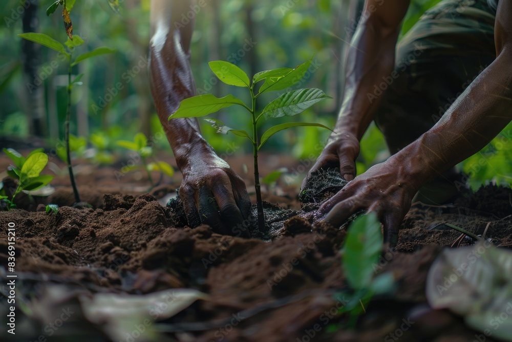 Men planting trees to save the environment.