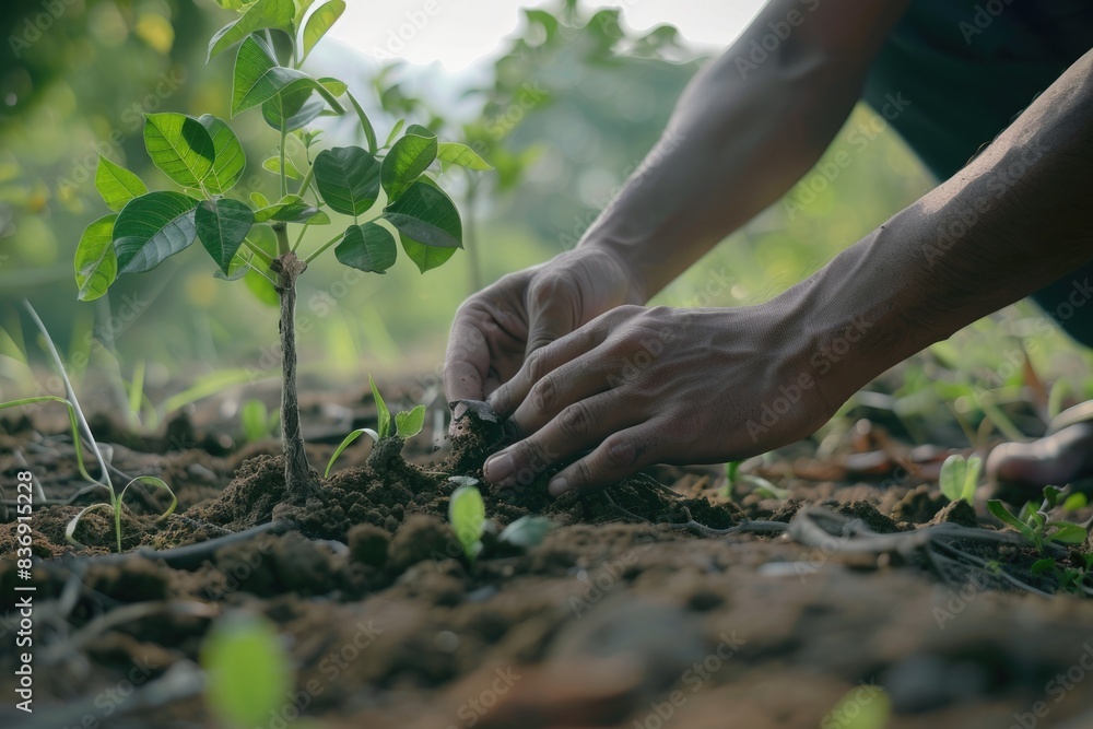 Fototapeta premium Men planting trees to save the environment.