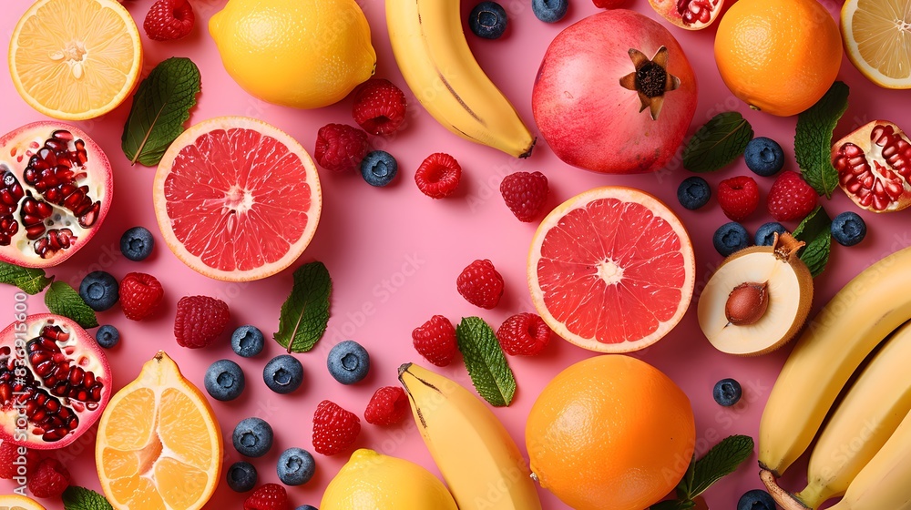 A vibrant and colorful flat lay of various fruits, including oranges, lemons, bananas, blueberries, pomegranates, grapefruits, raspberries, and mangoes on a pink background. A vibrant and colorful flat lay of various fruits, including oranges, lemons, bananas, blueberries, pomegranates, grapefruits, raspberries, and mangoes on a pink background.