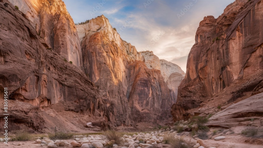 A breathtaking view of the canyon, where high rock formations are illuminated by the golden hues of the setting sun. A breathtaking view of the canyon, where high rock formations are illuminated by the golden hues of the setting sun.