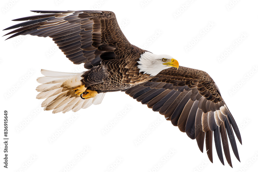 Fototapeta premium Majestic Bald Eagle Soaring with Spread Wings Isolated on Transparent Background, cut out. PNG