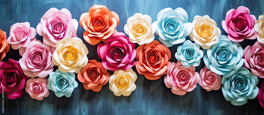 Colorful handmade paper roses on paper background with copy space image for wedding invites, inspiration, isolated. Colorful handmade paper roses on paper background with copy space image for wedding invites, inspiration, isolated.