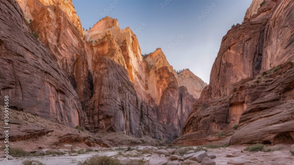 Fototapeta premium A breathtaking view of the canyon, where high rock formations are illuminated by the golden hues of the setting sun.