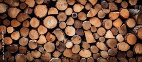 Wall of stacked wood logs as background - Pile of logs.