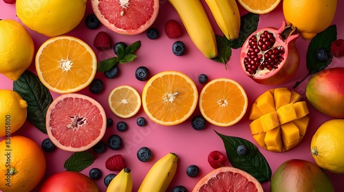 A vibrant and colorful flat lay of various fruits  including oranges  lemons  bananas  blueberries  pomegranates  grapefruits  raspberries  and mangoes on a pink background.