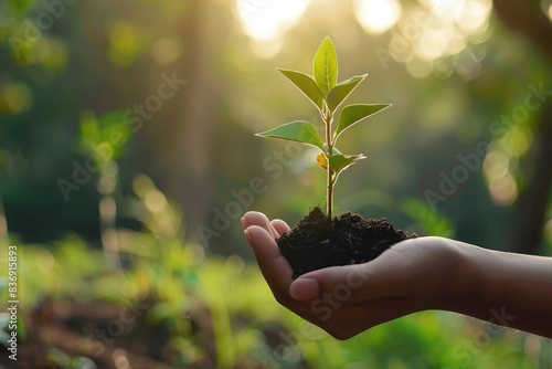 Earth Day Tree seedlings in hands forest conservation concept