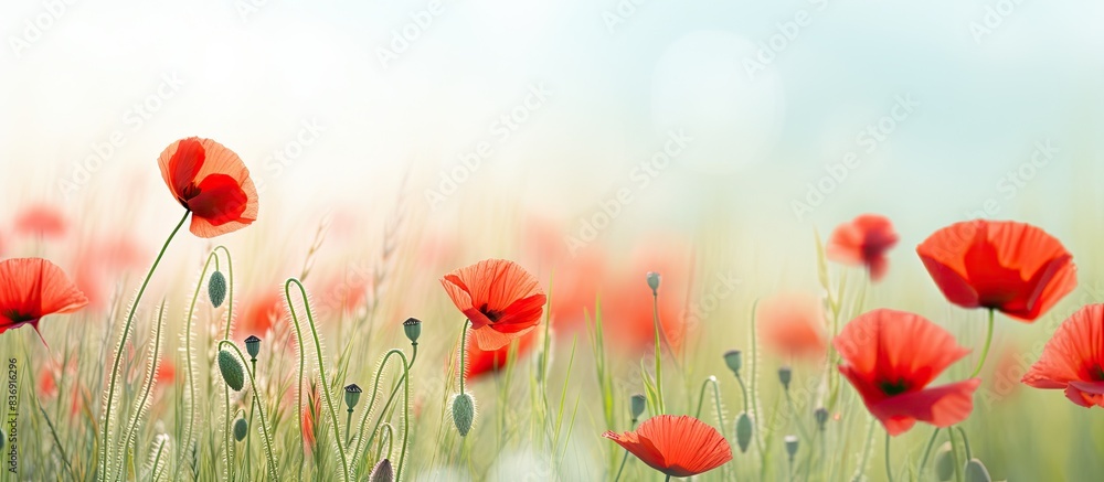 Naklejka premium Spring meadow featuring stunning bright red poppy flowers with copy space image for text integration.