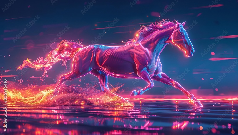 A dynamic digital illustration of a neon horse galloping with energy and vibrancy, glowing with vibrant light effects against a futuristic background. A dynamic digital illustration of a neon horse galloping with energy and vibrancy, glowing with vibrant light effects against a futuristic background.