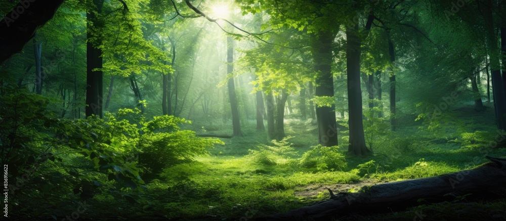 Fototapeta premium Green forest illuminated by sunlight with copy space image.