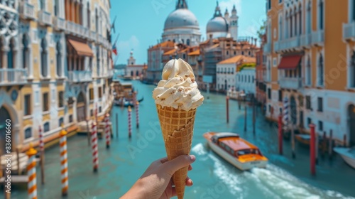 Fototapeta Naklejka Na Ścianę i Meble -  Female hand holding an ice cream waffle cone in front of Venice Canals during the day, summer vibes. Generative AI.
