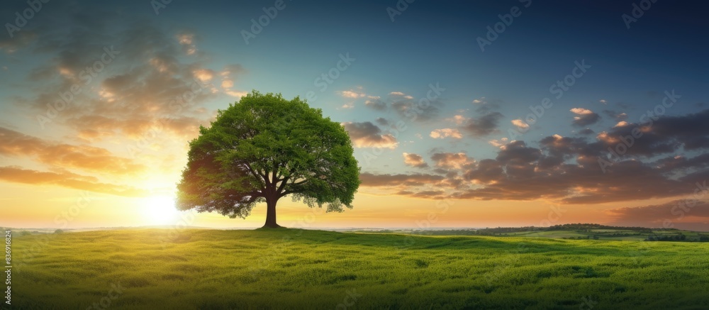 Obraz premium An evening summer sunset setting the scene for a solitary tree in a green grass field, creating a captivating copy space image.
