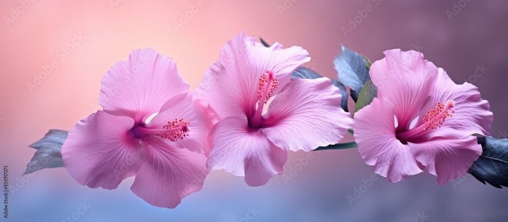 Pink Hibiscus flowers in close-up bloom in front of a blurred backdrop with pink lighting, creating a copy space image. Pink Hibiscus flowers in close-up bloom in front of a blurred backdrop with pink lighting, creating a copy space image.