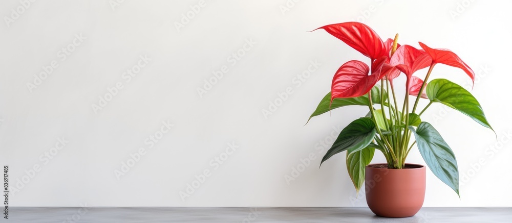 A red Anthurium flower as a decorative house plant on a table against a white wall, with an unoccupied area for an image. A red Anthurium flower as a decorative house plant on a table against a white wall, with an unoccupied area for an image.