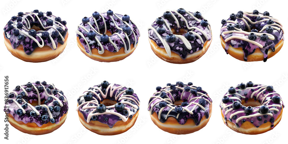 Set of Donut With Blueberry Glaze And White Drizzle isolated on transparent png background collection set . Generative ai Set of Donut With Blueberry Glaze And White Drizzle isolated on transparent png background collection set . Generative ai