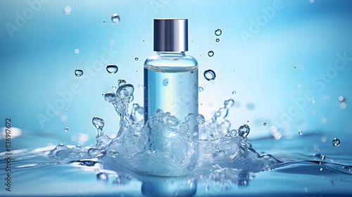 Minimalist Blue Bottle Showcasing Beauty Serum with Bubbles photo