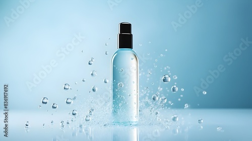 Minimalist Blue Bottle Showcasing Beauty Serum with Bubbles photo