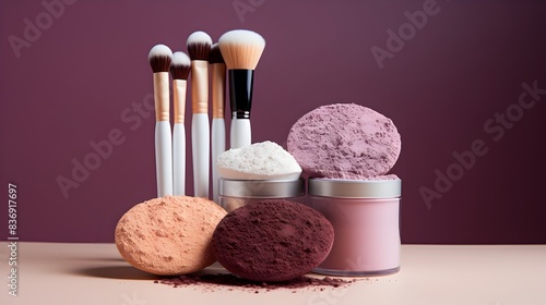 Minimalist Makeup Products and Sponges on Purple Background photo
