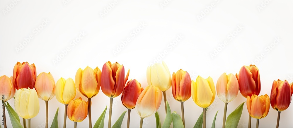 Obraz premium Tulips in shades of orange and yellow against a white backdrop with copy space image.