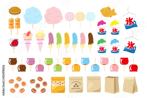 屋台の食べ物のスイーツのイラスト素材セット、フラットスタイルのベクターイラスト
