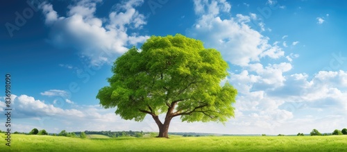 A big tree in a garden under a blue sky with fluffy white clouds in the background displaying ample copy space image.