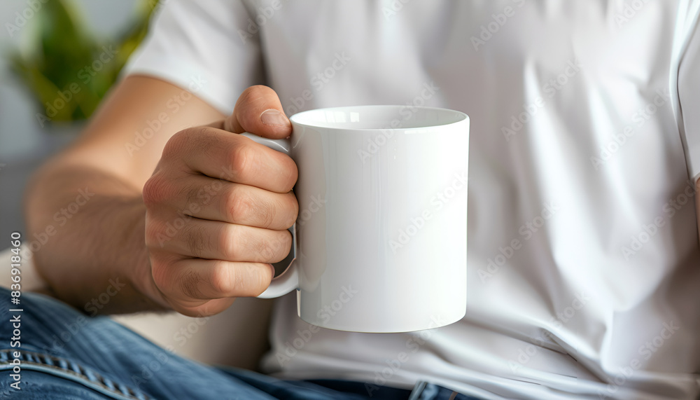 Man holding white mug indoors, closeup. Mockup for design Man holding white mug indoors, closeup. Mockup for design