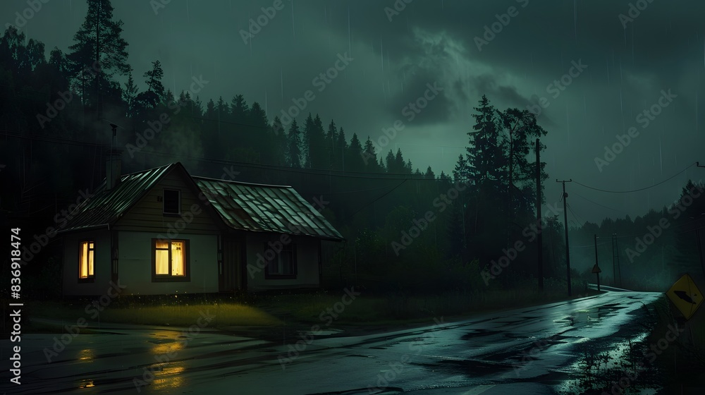 Emotional night scene of a wooden house in the rain Emotional night scene of a wooden house in the rain