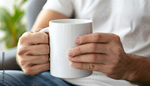Man holding white mug indoors, closeup. Mockup for design photo
