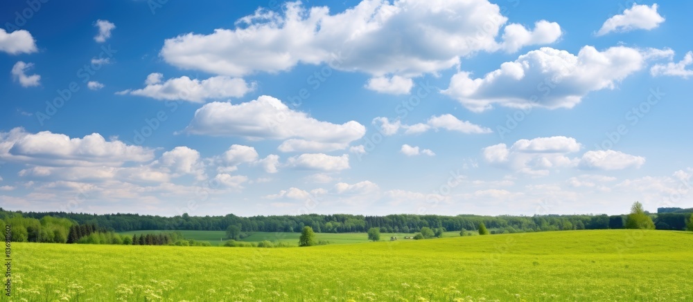 Fototapeta premium Field near forest under a picturesque sky with clouds, with copy space image.