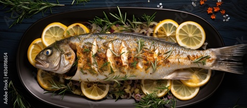 Baked sea gilthead with tarragon, parsley and rosemary with juicy fresh lemon and rice garnish close-up.