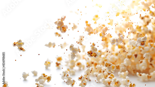 Popcorn delicious crunchy salted tasty munchies flying on white background
 photo