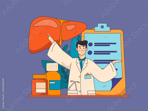 National Liver Protection Day Medical Characters Flat Vector Concept Operation Hand Drawn Illustration
