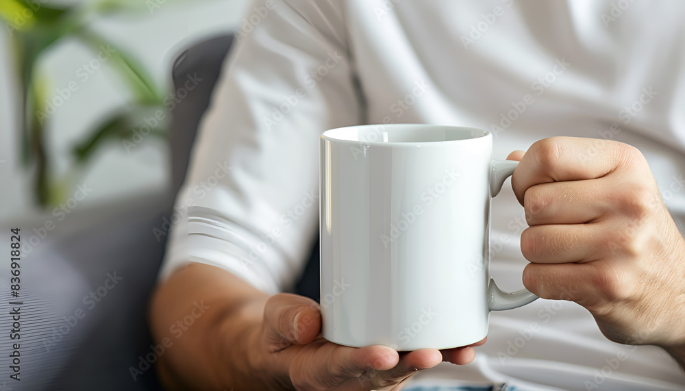 Man holding white mug indoors, closeup. Mockup for design Man holding white mug indoors, closeup. Mockup for design