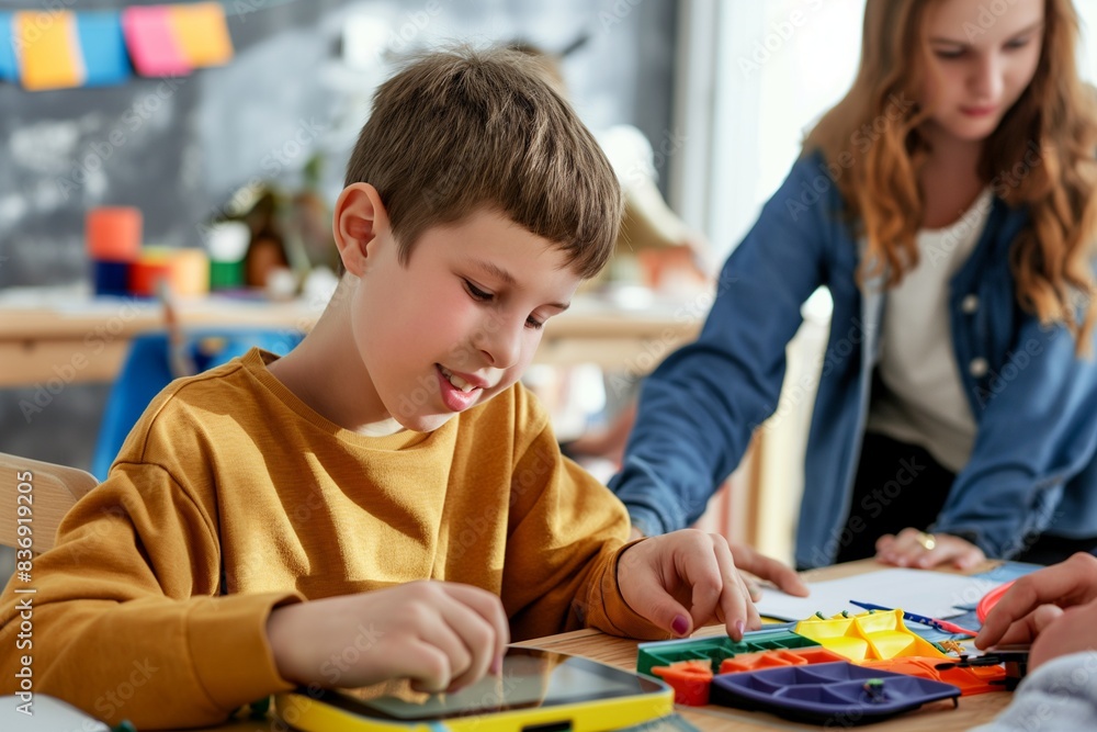 A teacher assists a student with a learning disability using an adaptive communication device in an inclusive classroom. Students of different abilities work together in a supportive and collaborative