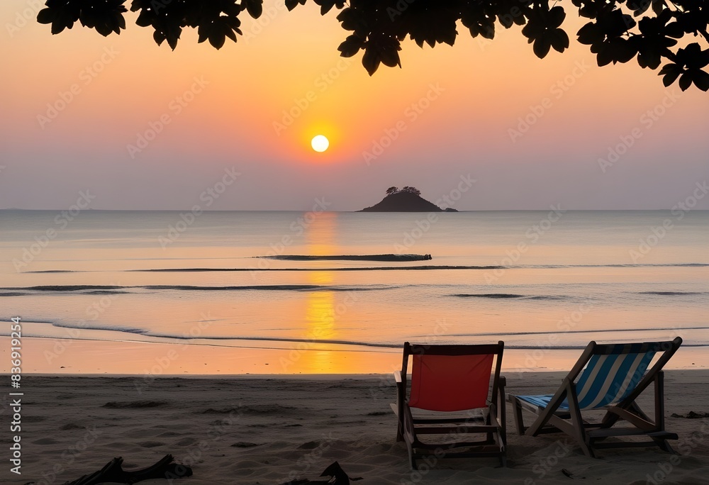 A scenic sunset over the ocean, with a silhouetted island in the distance, in the foreground, there is a red beach chair on the sandy shore, framed by the branches of a tree A scenic sunset over the ocean, with a silhouetted island in the distance, in the foreground, there is a red beach chair on the sandy shore, framed by the branches of a tree