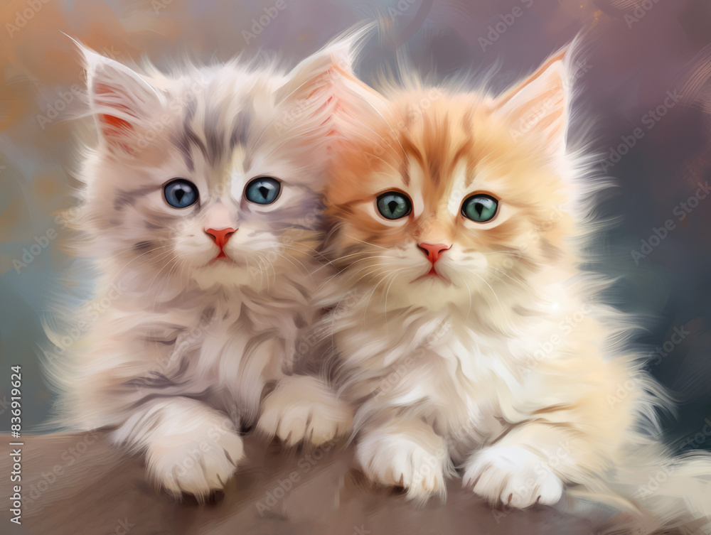 Cat with two kittens. Digital art. Cat with two kittens. Digital art.
